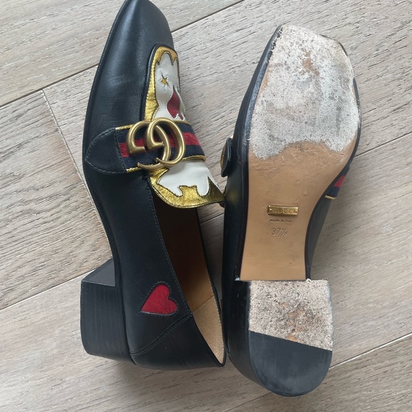 RARE gucci peyton heart heeled loafers in black multicolor leather size 37.5 - Picture 8 of 9